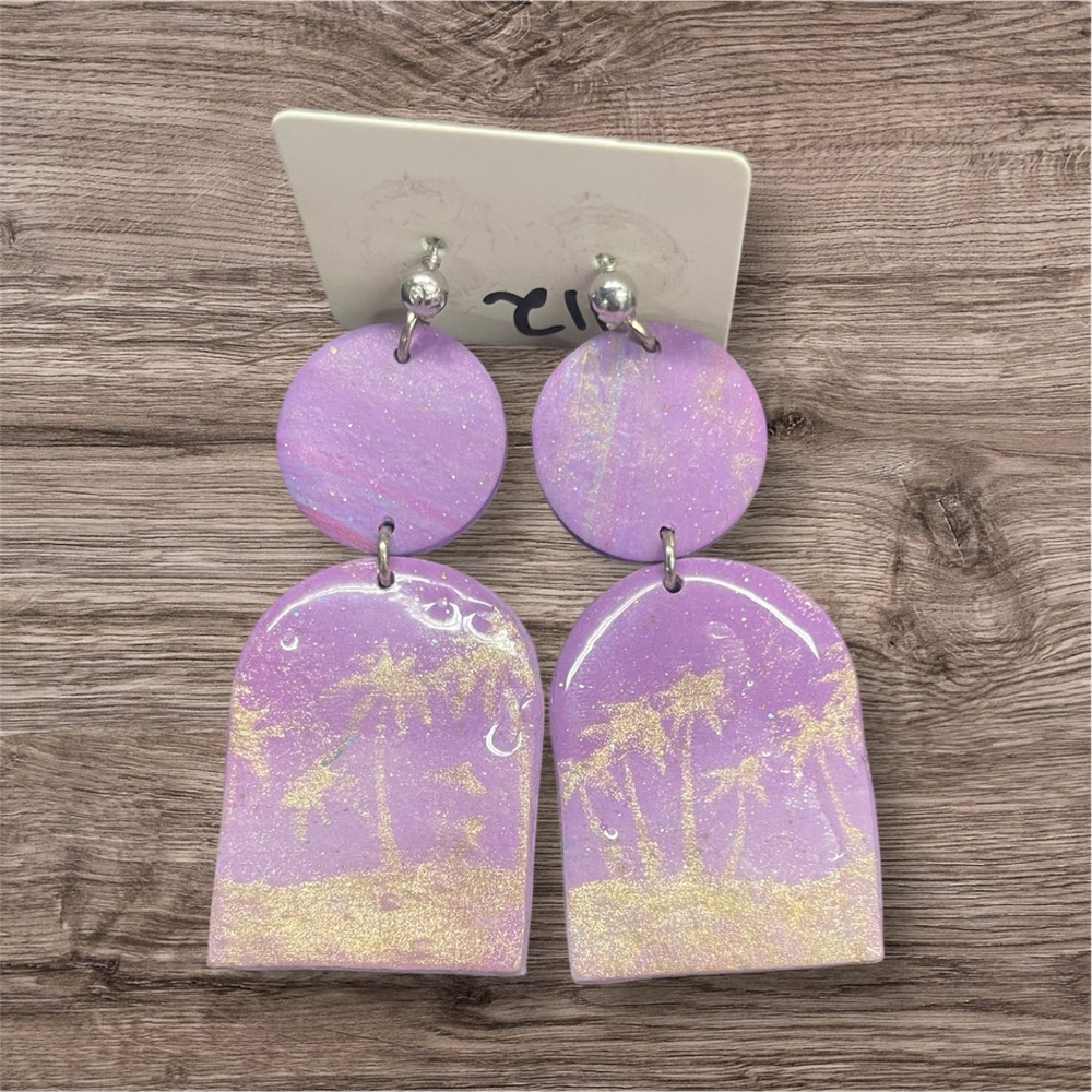 Artisan Purple and Gold Palm Tree Earrings for summer time handmade